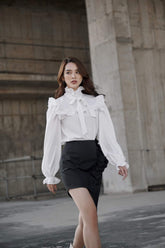 Mona Long Bishop Sleeve High Neck Frill Silk Blouse